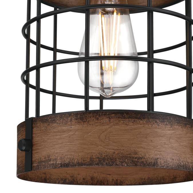 Langston Indoor Pendant: Matte Black Finish with Barnwood Accents and Cage Shade