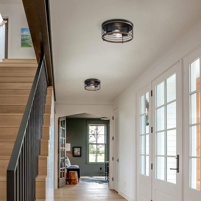 Ackton 13-Inch, Two-Light Flush Mount Ceiling Fixture: Matte Black Finish with Barnwood Accents