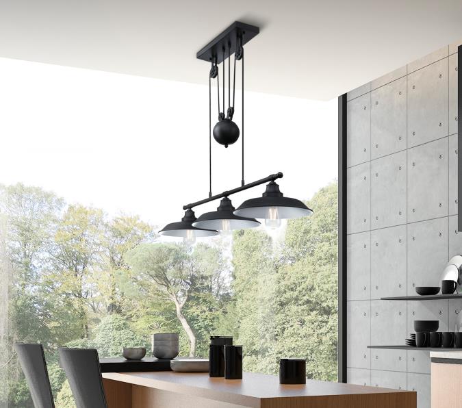 Iron Hill Three-Light Indoor Pulley Pendant: Matte Black Finish