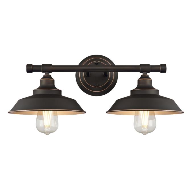 Iron Hill Two-Light Indoor Wall Fixture: Oil Rubbed Bronze Finish with Highlights and Metal Shades