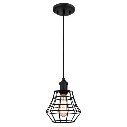 Nathaniel Indoor Mini Pendant: Matte Black Finish with Angled Bell Cage Shade