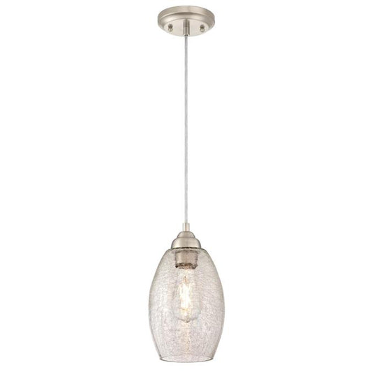 Indoor Mini Pendant: Brushed Nickel Finish with Clear Crackle Glass