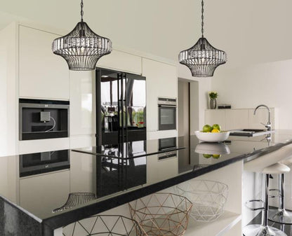 One-Light Indoor Pendant: Matte Black Finish with Crystal Prism Cage Shade