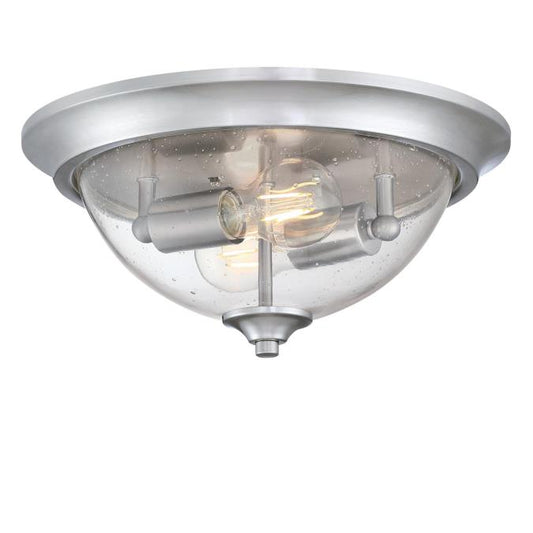 Basset 13-Inch, Two-Light Flush Mount Ceiling Fixture: Brushed Nickel Finish with Clear Seeded Glass