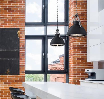 Bartley One-Light Indoor Pendant: Matte Black Finish with Dark Pewter Accents and Cage Shade