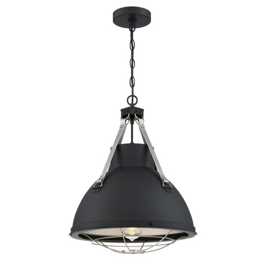 Bartley One-Light Indoor Pendant: Matte Black Finish with Dark Pewter Accents and Cage Shade