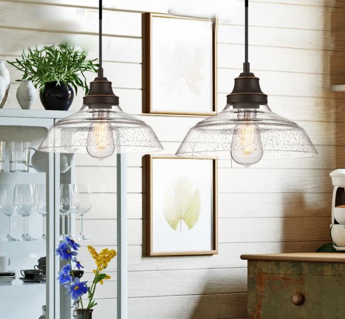 Bartley One-Light Indoor Pendant: Matte Black Finish with Dark Pewter Accents and Cage Shade (CopIron Hill Indoor Pendant: Oil-Rubbed Bronze Finish with Highlights and Clear Seeded Glassy)