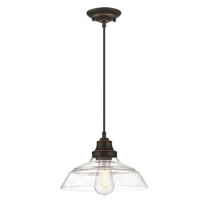 Bartley One-Light Indoor Pendant: Matte Black Finish with Dark Pewter Accents and Cage Shade (CopIron Hill Indoor Pendant: Oil-Rubbed Bronze Finish with Highlights and Clear Seeded Glassy)