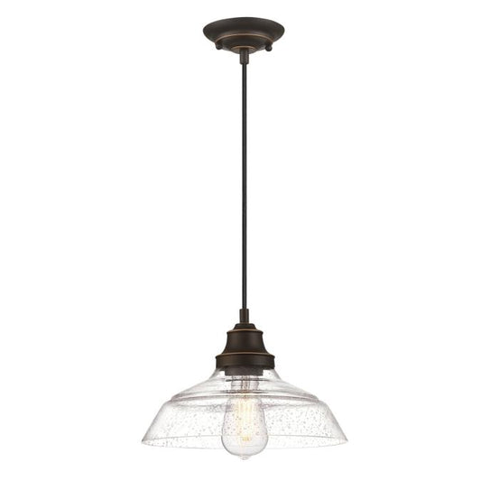 Bartley One-Light Indoor Pendant: Matte Black Finish with Dark Pewter Accents and Cage Shade (CopIron Hill Indoor Pendant: Oil-Rubbed Bronze Finish with Highlights and Clear Seeded Glassy)