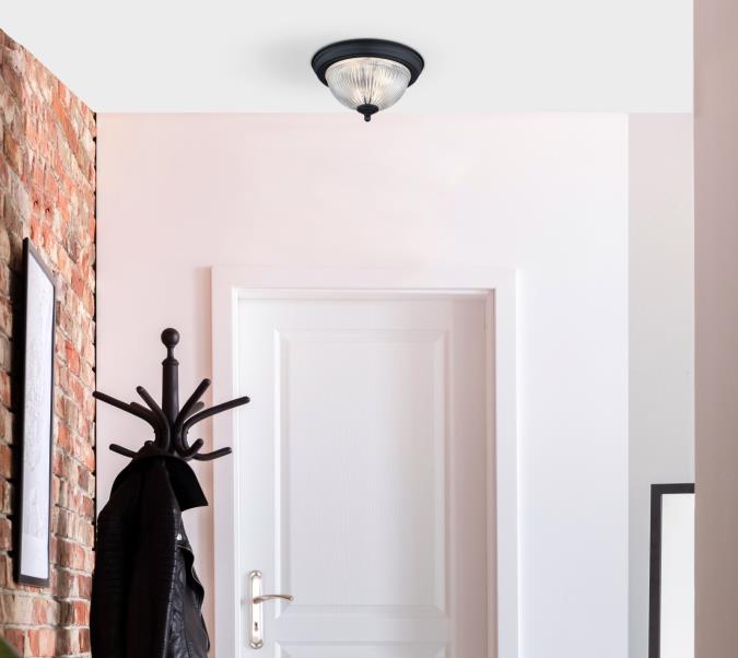 11-Inch, One-Light Flush Mount Ceiling Fixture: Matte Black Finish with Crystal Ribbed Glass