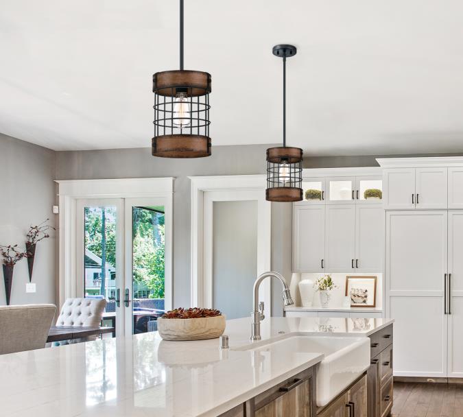 Langston Indoor Pendant: Matte Black Finish with Barnwood Accents and Cage Shade