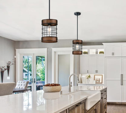 Langston Indoor Pendant: Matte Black Finish with Barnwood Accents and Cage Shade
