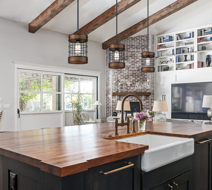 Langston Indoor Pendant: Matte Black Finish with Barnwood Accents and Cage Shade