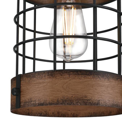 Langston Indoor Pendant: Matte Black Finish with Barnwood Accents and Cage Shade