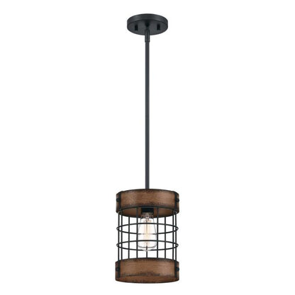 Langston Indoor Pendant: Matte Black Finish with Barnwood Accents and Cage Shade