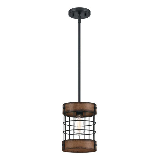 Langston Indoor Pendant: Matte Black Finish with Barnwood Accents and Cage Shade
