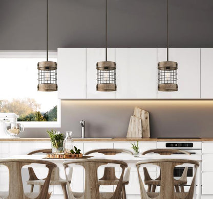 Langston Indoor Pendant: Oil-Rubbed Bronze Finish with Vintage Pine Accents and Cage Shade