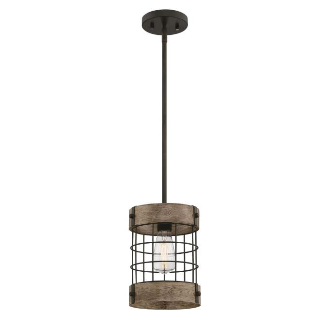Langston Indoor Pendant: Oil-Rubbed Bronze Finish with Vintage Pine Accents and Cage Shade