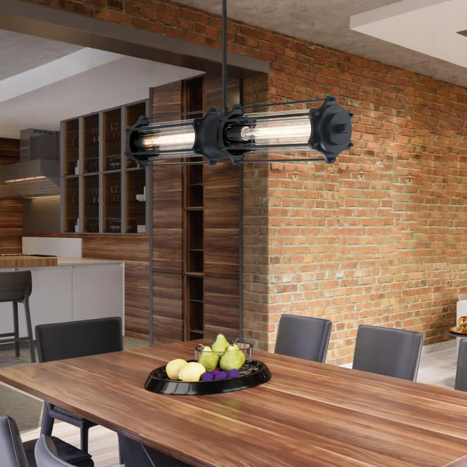 Marlowe Two-Light LED Indoor Pendant: Matte Black Finish with Clear Ribbed Glass