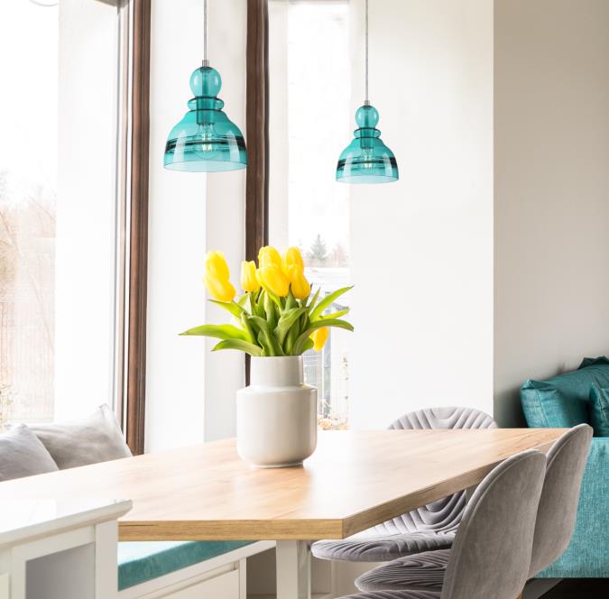 Fiona One-Light Indoor Mini Pendant: Brushed Nickel Finish with Turquoise Glass