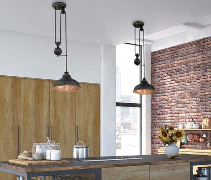 Chaves One-Light Indoor Pulley Pendant: Black-Bronze Finish with Highlights and Golden Brass Cage Shade