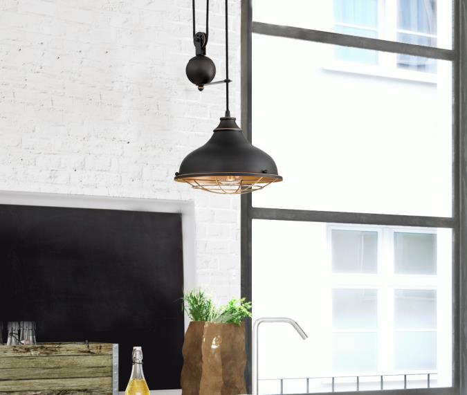 Chaves One-Light Indoor Pulley Pendant: Black-Bronze Finish with Highlights and Golden Brass Cage Shade