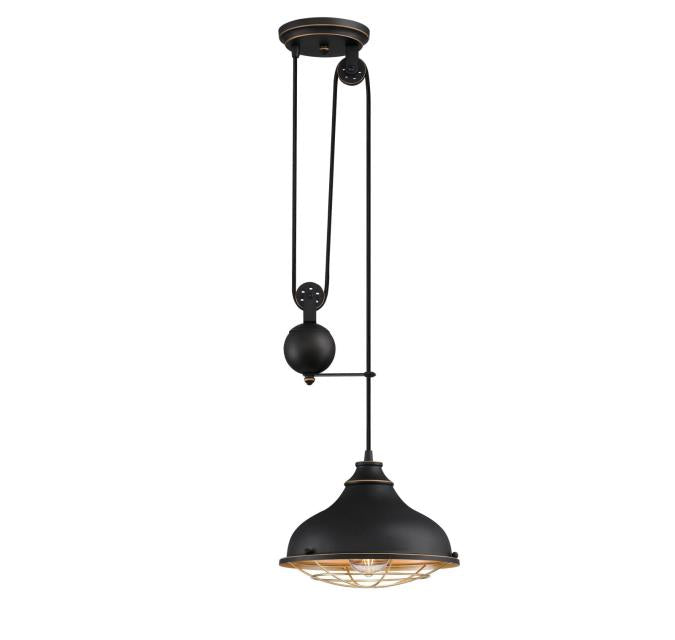 Chaves One-Light Indoor Pulley Pendant: Black-Bronze Finish with Highlights and Golden Brass Cage Shade