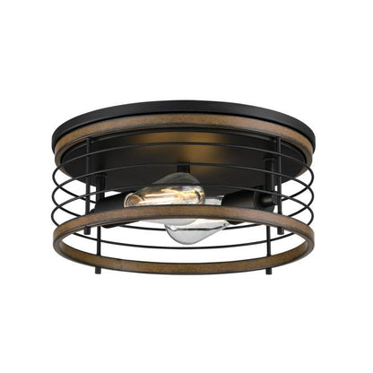 Ackton 13-Inch, Two-Light Flush Mount Ceiling Fixture: Matte Black Finish with Barnwood Accents