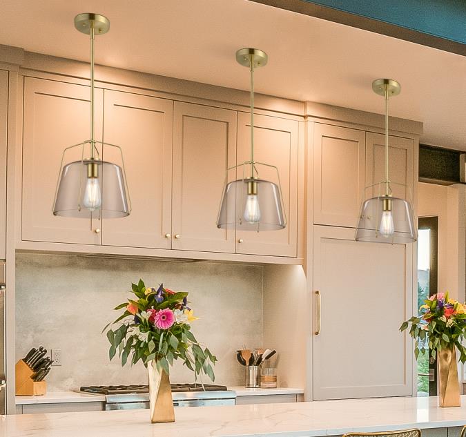 Hallein One-Light Indoor Pendant: Champagne Brass Finish with Smoke Grey Glass