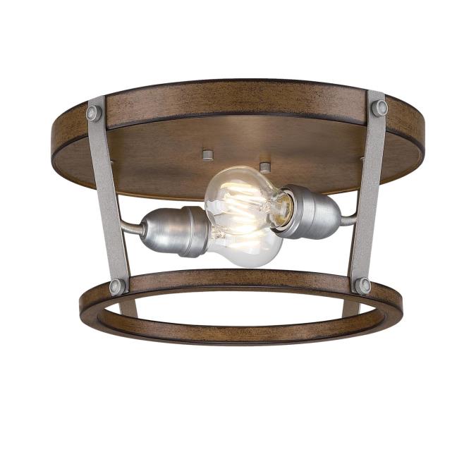 Elway 14-Inch, Two-Light Flush Mount Ceiling Fixture: Barnwood Finish with Galvanized Steel Accents