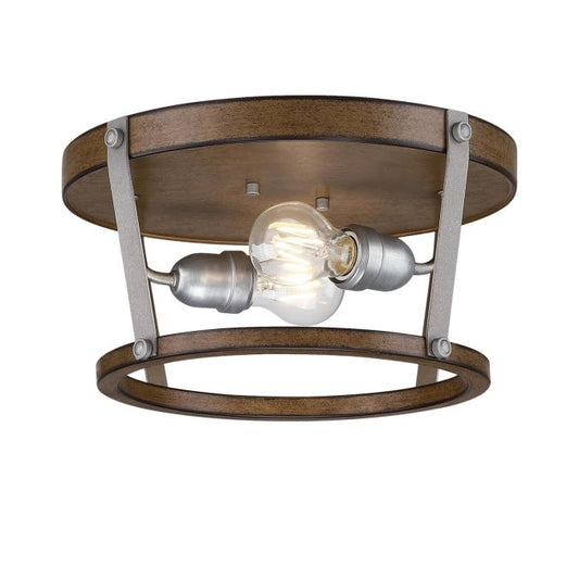Elway 14-Inch, Two-Light Flush Mount Ceiling Fixture: Barnwood Finish with Galvanized Steel Accents