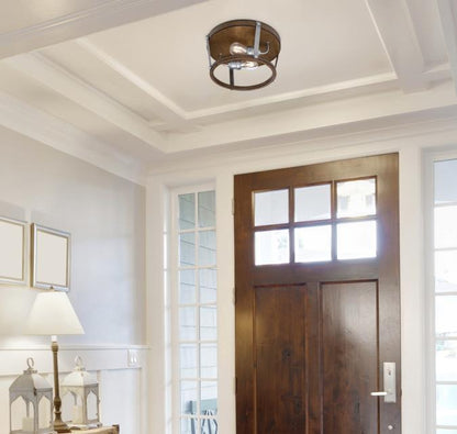 Elway 14-Inch, Two-Light Flush Mount Ceiling Fixture: Barnwood Finish with Galvanized Steel Accents