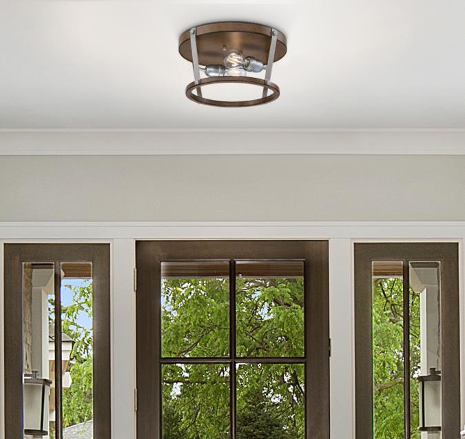 Elway 14-Inch, Two-Light Flush Mount Ceiling Fixture: Barnwood Finish with Galvanized Steel Accents
