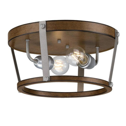 Elway 14-Inch, Two-Light Flush Mount Ceiling Fixture: Barnwood Finish with Galvanized Steel Accents