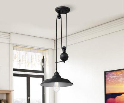Iron Hill One-Light Indoor Pulley Pendant: Matte Black Finish