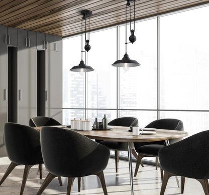 Iron Hill One-Light Indoor Pulley Pendant: Matte Black Finish