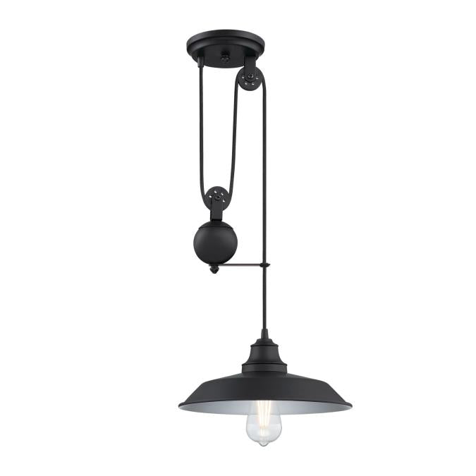 Iron Hill One-Light Indoor Pulley Pendant: Matte Black Finish