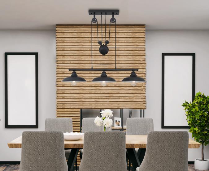 Iron Hill Three-Light Indoor Pulley Pendant: Matte Black Finish