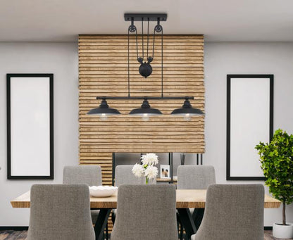 Iron Hill Three-Light Indoor Pulley Pendant: Matte Black Finish
