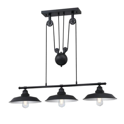 Iron Hill Three-Light Indoor Pulley Pendant: Matte Black Finish