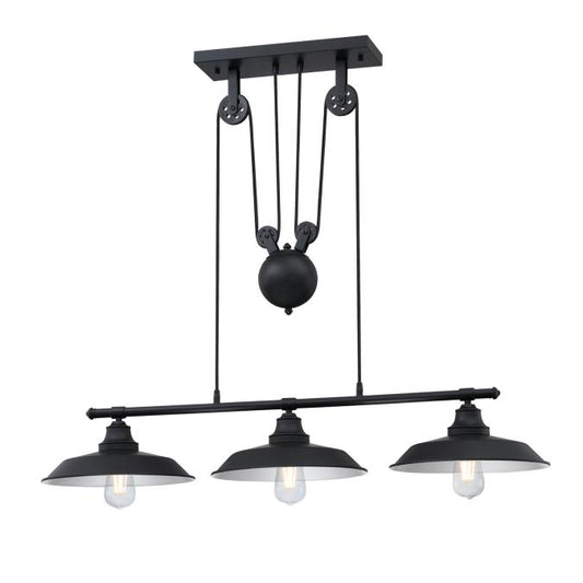 Iron Hill Three-Light Indoor Pulley Pendant: Matte Black Finish