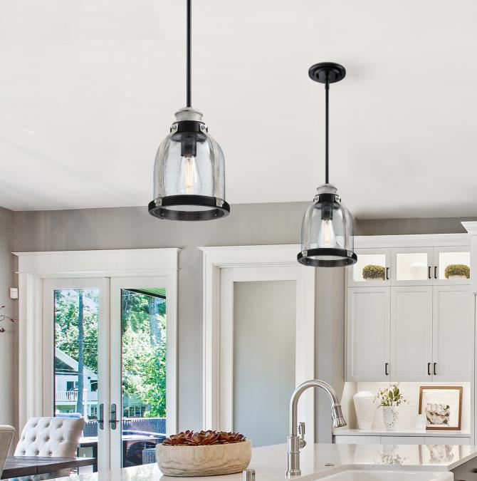 Cindy One-Light Indoor Mini Pendant: Matte Black Finish with Antique Ash Accents and Clear Seeded Glass