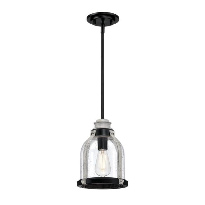 Cindy One-Light Indoor Mini Pendant: Matte Black Finish with Antique Ash Accents and Clear Seeded Glass