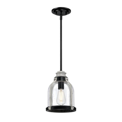 Cindy One-Light Indoor Mini Pendant: Matte Black Finish with Antique Ash Accents and Clear Seeded Glass