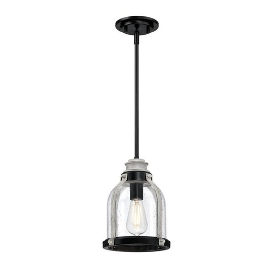 Cindy One-Light Indoor Mini Pendant: Matte Black Finish with Antique Ash Accents and Clear Seeded Glass