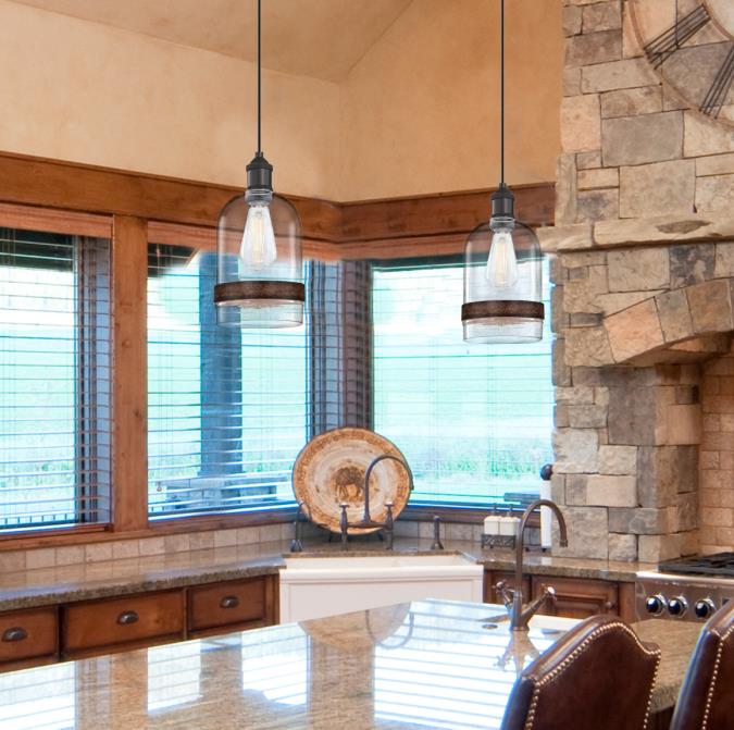 Tarrant One-Light Indoor Mini Pendant: Black-Bronze Finish with Clear Seeded Glass and Barnwood Band