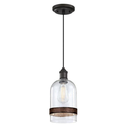 Tarrant One-Light Indoor Mini Pendant: Black-Bronze Finish with Clear Seeded Glass and Barnwood Band
