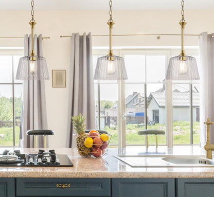 Aggie One-Light Indoor Pendant: Brushed Brass Finish with Clear Ribbed Glass