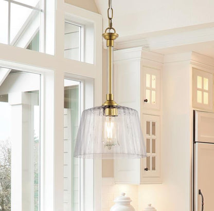 Aggie One-Light Indoor Pendant: Brushed Brass Finish with Clear Ribbed Glass