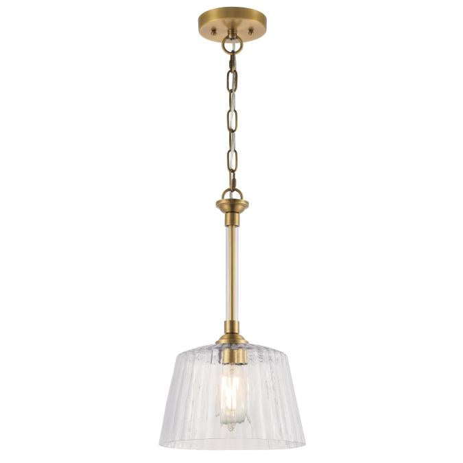 Aggie One-Light Indoor Pendant: Brushed Brass Finish with Clear Ribbed Glass